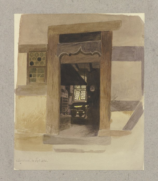 Blick durch einen geschnitzten Türrahmen in einen Innenraum in Oberwesel van Carl Theodor Reiffenstein