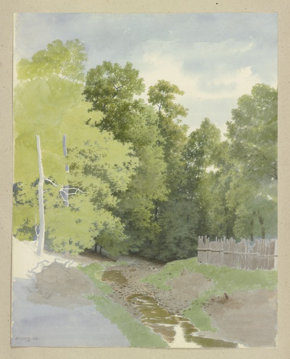 Ein Zaun entlang eines trockengefallenen Bachlaufes am Waldrand van Carl Theodor Reiffenstein