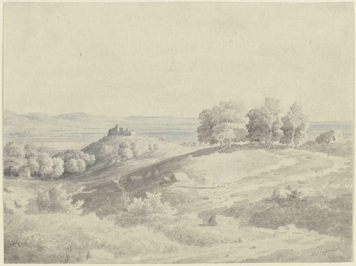 Gebirgslandschaft, im Mittelgrund eine Anhöhe mit einer Burg, rechts Baumgruppen van Carl Theodor Reiffenstein