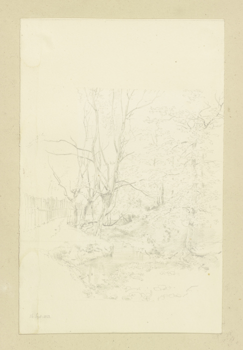 Hinter einem Zaun Bäume an einem trockengefallenen Wasserlauf van Carl Theodor Reiffenstein