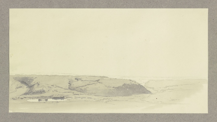 Landschaft mit langem Bergrücken, an seinem Fuß eine Reihe von Teichen van Carl Theodor Reiffenstein