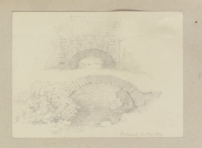 Steinbrücke über einen trockengefallenes Flussbett in Bacharach van Carl Theodor Reiffenstein