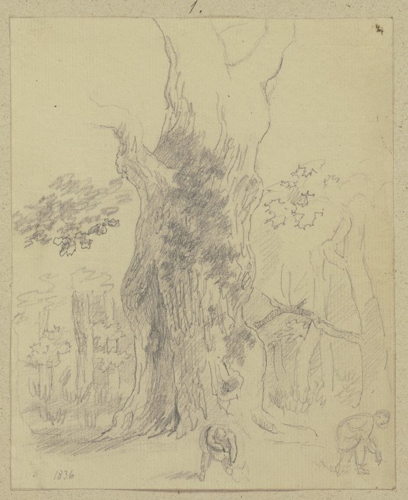 Zwei Personen, vor großem Baum Waldfrüchte auflesend van Carl Theodor Reiffenstein