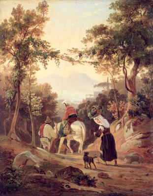 Italian Landscape with Peasants, c.1845 (oil on wood) van Carl Wilhelm Götzloff