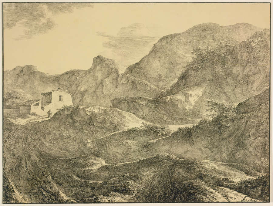 Gebirgslandschaft, links ein Haus mit einem Wanderer davor van Carl Friedrich von Rumohr
