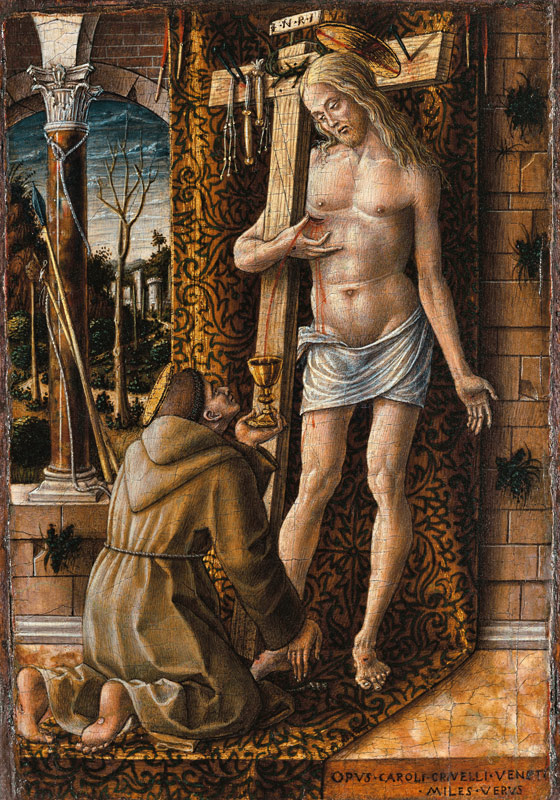 Saint Francis Catches the Blood of Christ from the Wounds van Carlo Crivelli