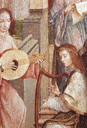 The Annunciation, detail of two Angels Playing Instruments