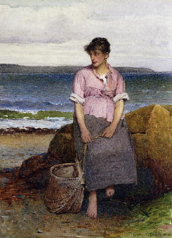 Ein junges Fischermädchen am Meer (A Young Fishergirl by the Sea) van Carlton Alfred Smith