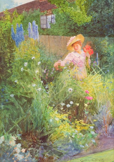 Lady picking flowers in a country garden van Carlton Alfred Smith