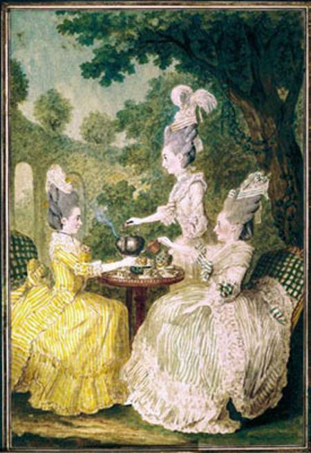 La Marquise de Montesson, La Marquise de Crest and la Comtesse de Damas drinking tea van Carmontelle