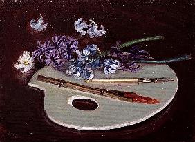 Porcelain Palette with Flowers (oil on canvas) 