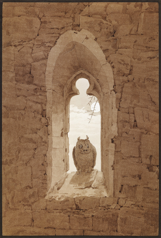 Owl in a Gothic Window van Caspar David Friedrich