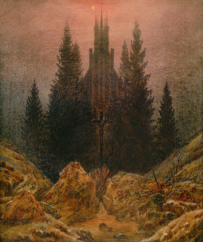 Kreuz und Kathedrale im Gebirge van Caspar David Friedrich