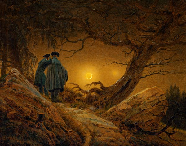 Twee mannen kijken naar de maan van Caspar David Friedrich
