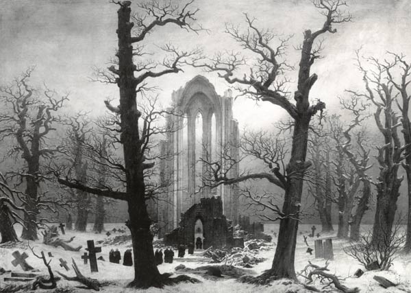 Klooster begraafplaats in de sneeuw ( 1945 verbrand) Historische foto (1902) met fotografische onsch van Caspar David Friedrich