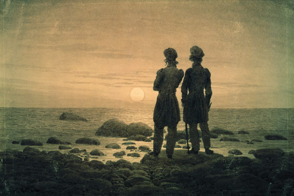 Zwei Männer bei Mondaufgang am Meer van Caspar David Friedrich
