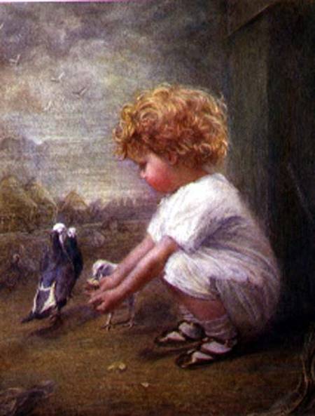 Little Girl feeding Pigeons van Catherine P. Brooker