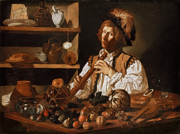 Interior with a Still Life and a Young Man Holding a Recorder van Cecco de Caravaggio