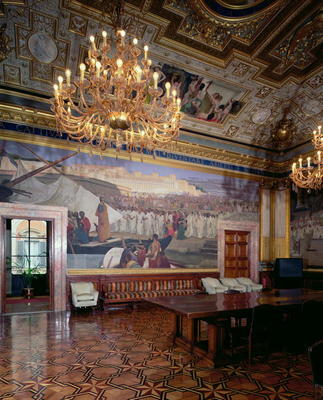 The 'Sala Maccari' (Maccari Room) richly decorated with gilt stucco and scenes from Roman history, d van Cesare Maccari