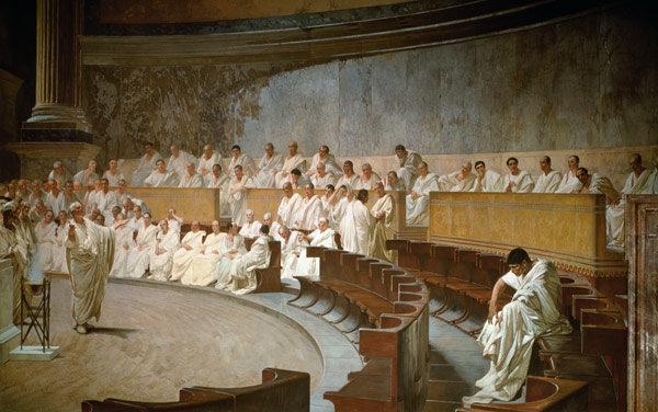 Cicero beschuldigt Catilina im Senat der Verschwörung van Cesare Maccari