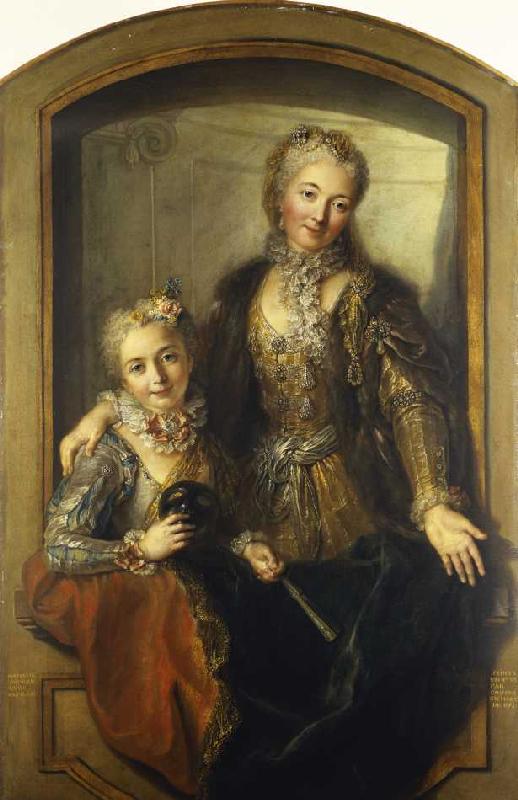 Madame Dupille mit ihrer Tochter in Abendroben van Charles Antoine Coypel