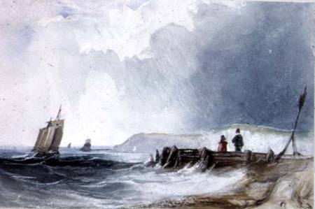 Coast Scene, with boats and wooden jetty van Charles Bentley