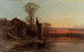Landscape with a Ruined Cottage at Sunset
