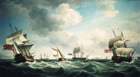 East Indiamen and a smack-rigged Royal Yacht in a breeze off the Downs van Charles Brooking