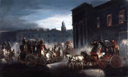 The Edinburgh Mail Coach and Other Coaches in a Lamplit Street van Charles Cooper Henderson
