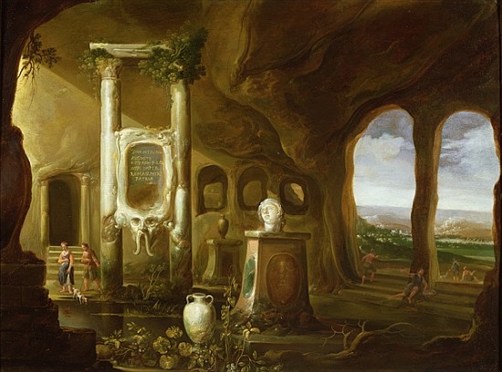 A monument to Augustus, in a grotto with figures, 17th century van Charles-Cornelisz de Hooch