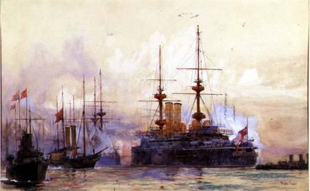 The Prince George at Spithead. The Naval Requiem of Queen Victoria van Charles Edward Dixon
