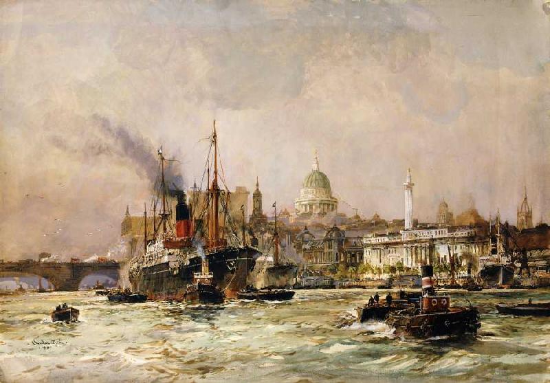 Schiffverkehr auf der Themse, im Hintergrund St van Charles Edward Dixon