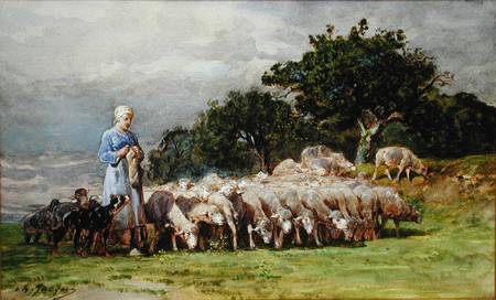 A Shepherdess with a Flock of Sheep van Charles Emile Jacques