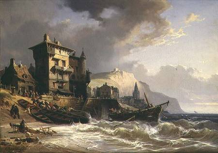 Hauling the Boats ashore on the Coast of Brittany van Charles Euphrasie Kuwasseg