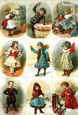 Christmas cards depicting various children's activities, pub. by Leighton Bros., 1882 (engraving) van Charles J. Staniland