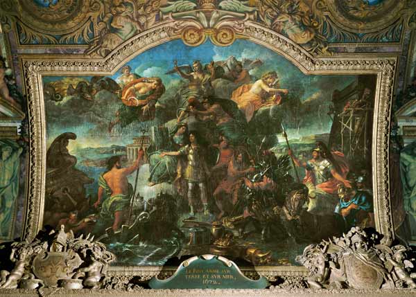 King Louis XIV (1638-1715) taking up Arms on Land and on Sea in 1672, Ceiling Painting from the Gale van Charles Le Brun