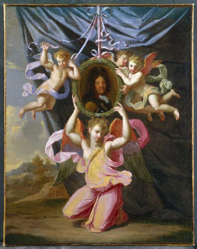 Bildnis Ludwig XIV., von Engeln vor einem Vorhang gehalten. van Charles Le Brun (Nachfolger)
