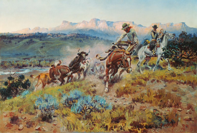 Cowboys beim Einfangen einer Herde van Charles Marion Russell