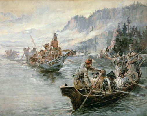 Lewis & Clark on the Lower Columbia River, 1905 (oil on canvas) van Charles Marion Russell