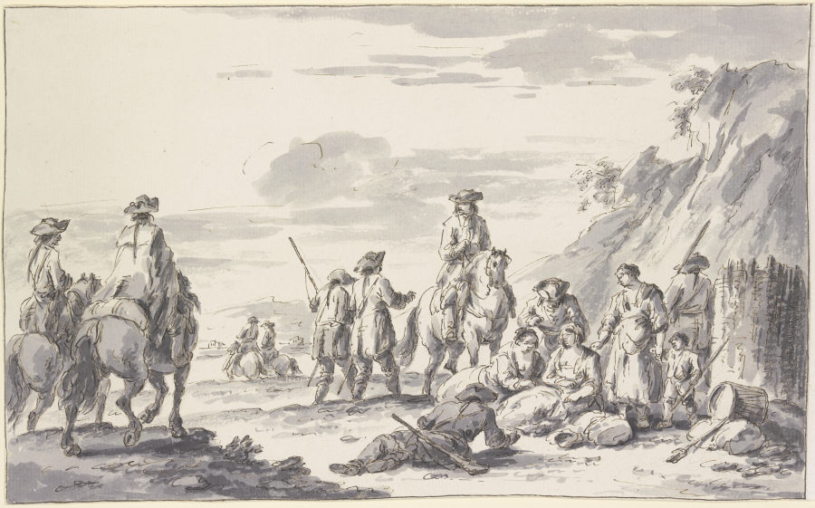 Soldaten zu Pferde und zu Fuß bei einem Schanzkorbe mit Frauen und Kindern van Charles Parrocel