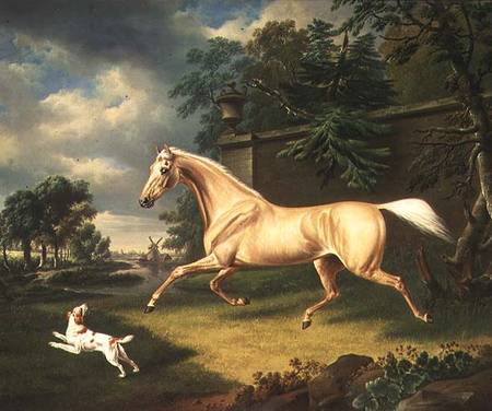 A Palomino frightened by an oncoming storm with a Spaniel van Charles Towne