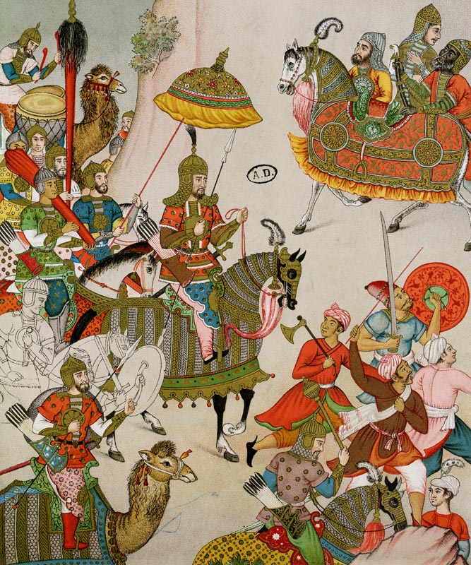 Emperor Babur (r.1526-30) at the head of his army, after a sixteenth century Mughal miniature (colou van Charpentier