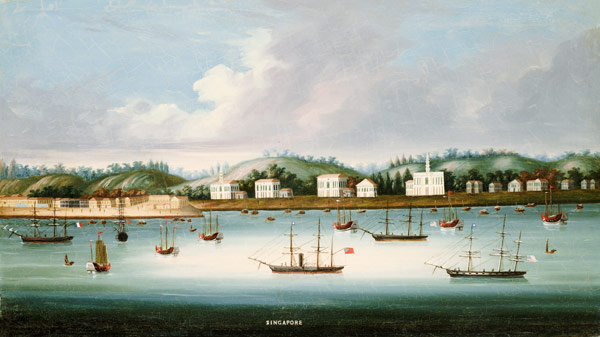 A view of Singapore from the roads with American, French and British shipping, c.1850 van Chinese School