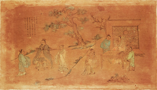 Scene from the life of Confucius (c.551-479 BC) and his disciples, Qing Dynasty (1644-1912) van Chinese School