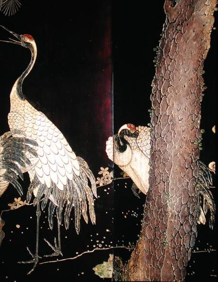 Detail of two cranes from a Coromandel screen van Chinese School