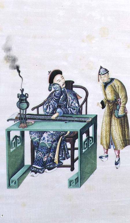 Man with a Long Zither at a Table, with a Servant van Chinese School