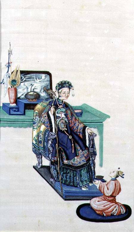 Old Woman Seated with a Kneeling Servant van Chinese School