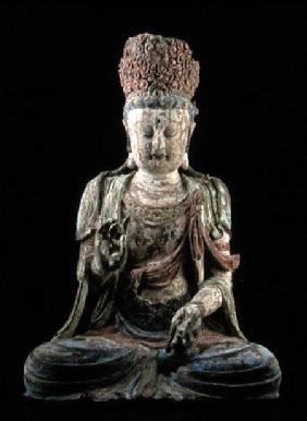 Large seated bodhisattva with hands raised