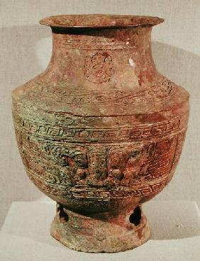 'Lei' wine vase decorated with a taotie design, from Pao-Chia-Chuang, Zhengzhou, Henan, Shang Dynast