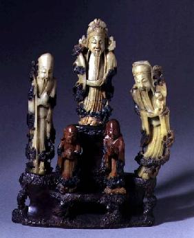 Three Star God, one holding a child, with two smaller figures, Qing dynasty